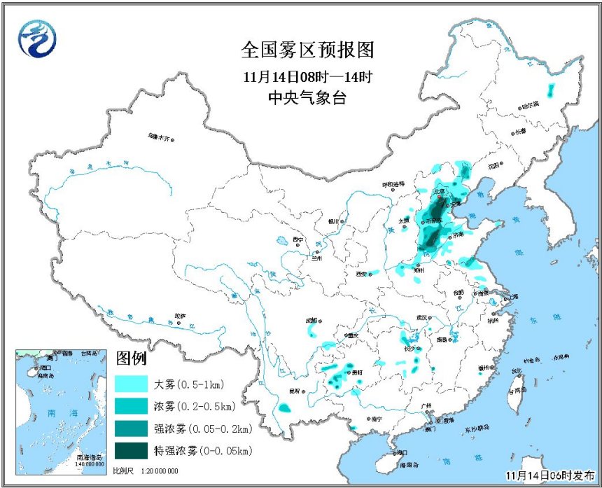 全国雾区预报图（14日08时-14日14时）